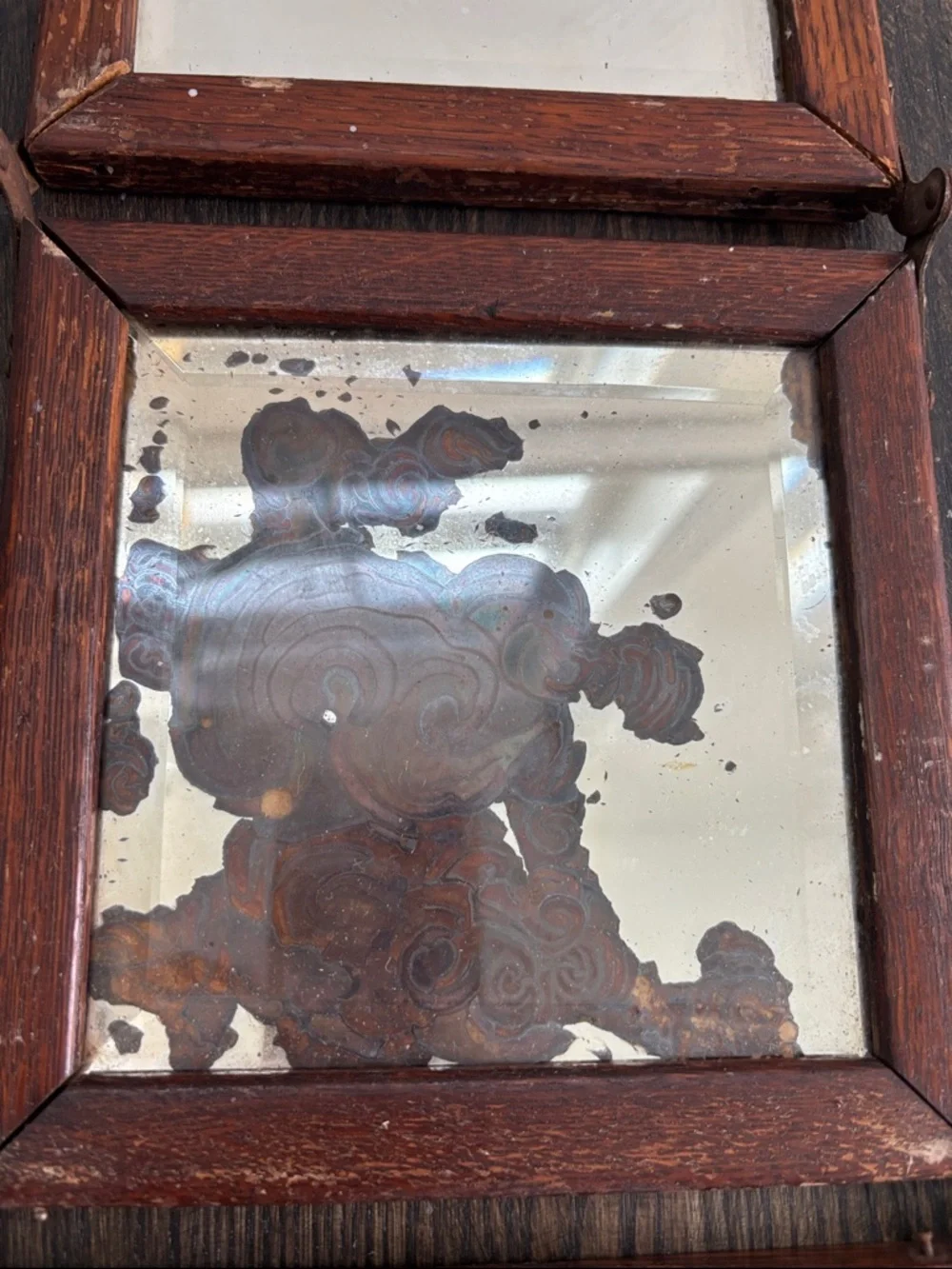 Vintage triple wood framed mirrors, beveled glass,hinges,patina,7.25x7.25” each